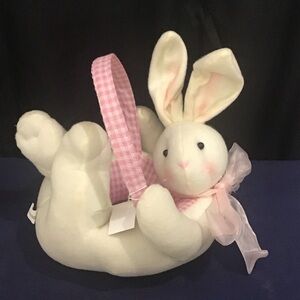 Easter Plush Long Eared Bunny Basket Pink Checked Handle & Lining Med Sz NWT.